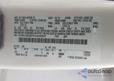 2015 Ford Escape Se z USA, uszkodzony, nr VIN 1FMCU9G97FUA39367